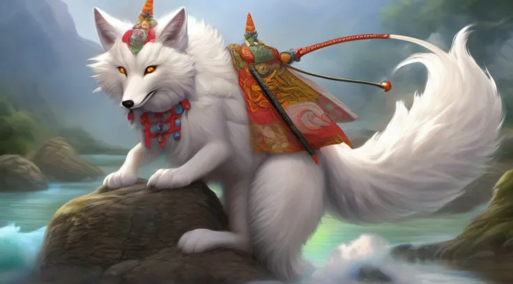 melhor qualidade ,Obra-prima multicolorida, ultra-highresolution, uma kitsune branca de 9 caudas