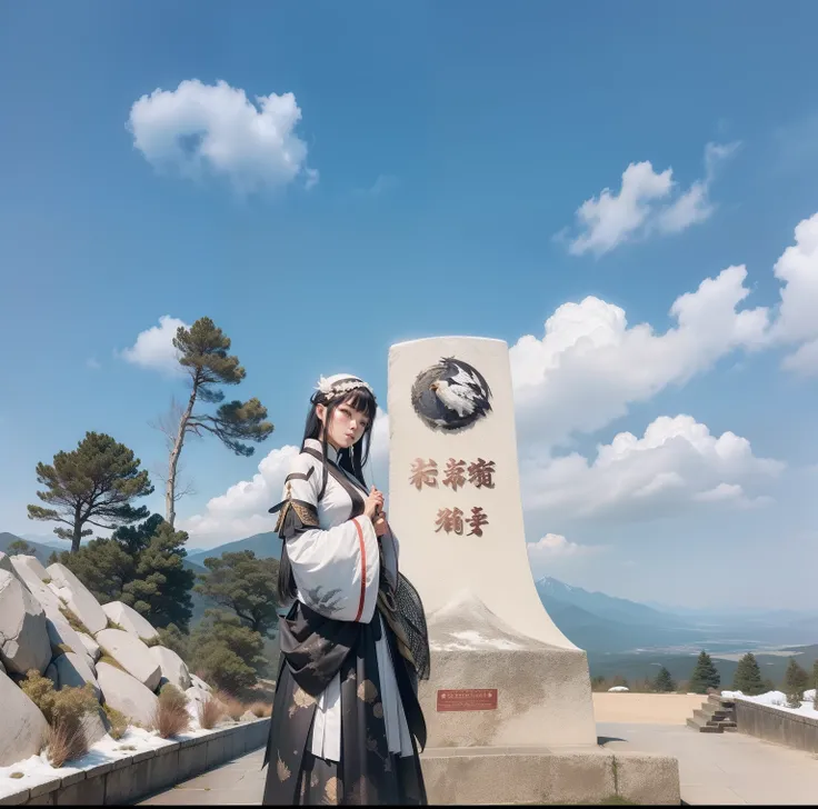 "Scenic mountain landscape with a mesmerizing black-haired individual in traditional hanfu attire, holding a majestic sword, accompanied by an elegant eagle and an awe-inspiring dragon."