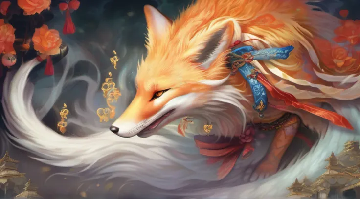 melhor qualidade ,Obra-prima multicolorida, ultra-highresolution, uma kitsune branca de 9 caudas