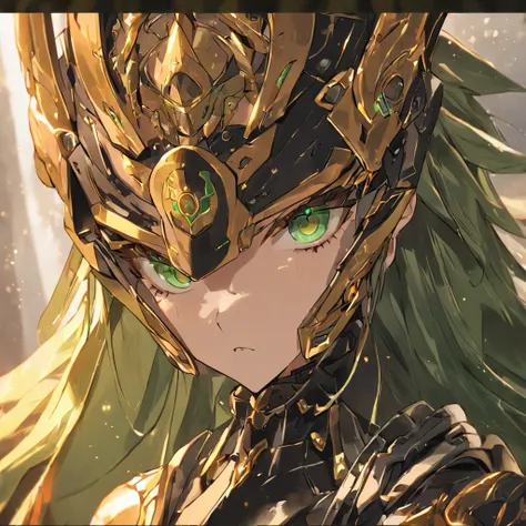 Close-up of a woman with a helmet and green eyes, dark mask, cartoon style, anime, great armor, warrior of the sun, Masterpiece, Best Quality, ultra detailed, black suit, beautiful, gold bracelets, armor of gold, ceremonial paint on his face, muscular, sha...