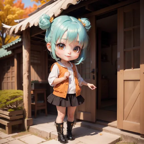 Cute Baby Chibi Anime,（（（Super masterpiece、top-quality、ultra-detailliert、1 girl in、Chibi：1.5）））、Fashionable Chibi、fashion modell、Wearing an orange shirt and colorful long gilet、Laced boots、Japanese garden, Colored leaves🍁🍁🍁,outside of house、The best smile、...