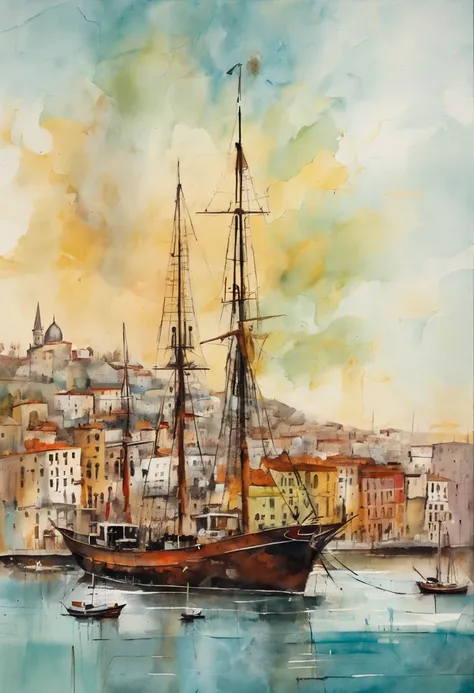 Galata Port and gorgeous bosphorus view in style by Jean Paul Croquineur. boats, clouds, watercolor, architectural drawing, clausura, front view with plan, pen, [ink color], dirty tones, colored