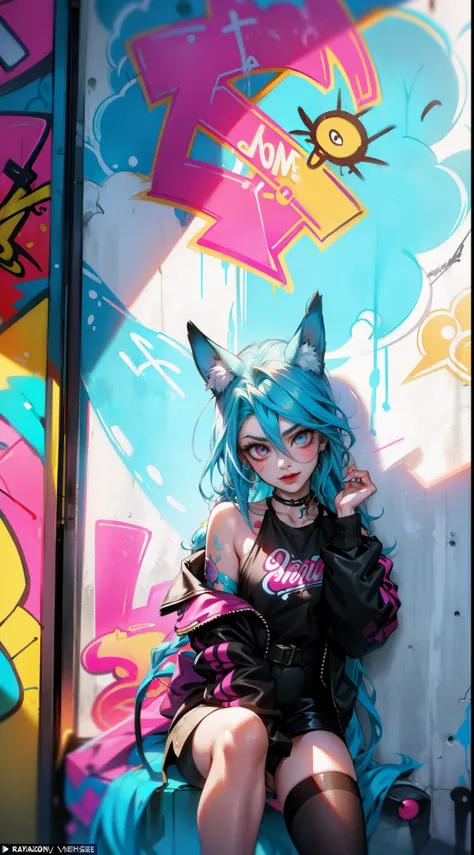 Vibrant graffiti: Adorning the walls surrounding Jinx, vibrant graffiti depicts her misadventures, adding a touch of urban artistry to the scene.