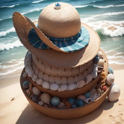 Mens straw hat, decoration of sea shells, na beira do mar, with detail of the last wave coming back from the sand, touching a small part of the hat, um pouco mais ao fundo, um barquinho de pescador chegando na praia, cinemactic, detalhes altos, ultra reali...