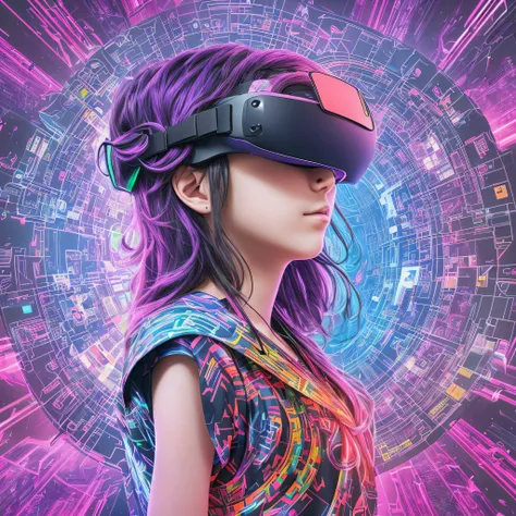 Metaverse technology concept. Teenager playing Metaverse virtual world experience with VR virtual reality goggles on colourful background, upper body up, visualisation and simulation, 3D, AR, VR, innovation --auto --s2