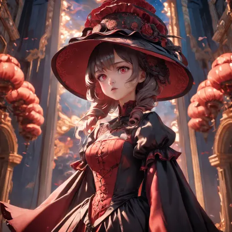 impressive huge dress, 

rococo style, 

detailed face features, 

ultra high quality model, 

big neck collar, 

hat, 

cinematic surrealist portrait, 

Fujifilm GFX 16mm F4, 

captivating hard, 

cinematic shot, 

warm red colors, 

satisfying atmosphere...