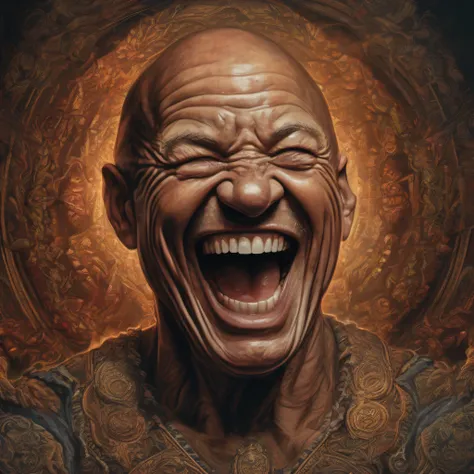 a portrait of a laughing, toxic, muscle, god, elder, (hdr:1.28), bald, hyperdetailed, cinematic, warm lights, intricate details, hyperrealistic, dark radial background, (muted colors:1.38), (neutral colors:1.2)