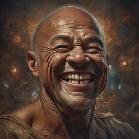 a portrait of a laughing, toxic, muscle, god, elder, (hdr:1.28), bald, hyperdetailed, cinematic, warm lights, intricate details, hyperrealistic, dark radial background, (muted colors:1.38), (neutral colors:1.2)