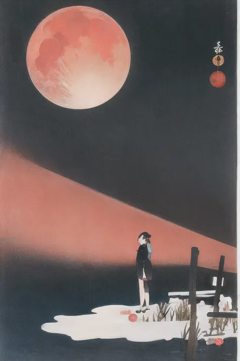 ohara koson, mount fuji, clear sky, red moon, 1girl, night, black background,