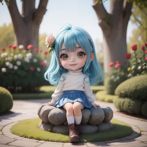 Cute Baby Chibi Anime,（（（Super masterpiece、top-quality、ultra-detailliert、1 girl in、Chibi：1.5）））、Fashionable Chibi、fashion modell、White Turtleneck Knit & Pleated skirt、Laced boots、outside of house、(Blue roses:1.1)、(Coloma Rose Garden in Belgium:1.2)、The bes...