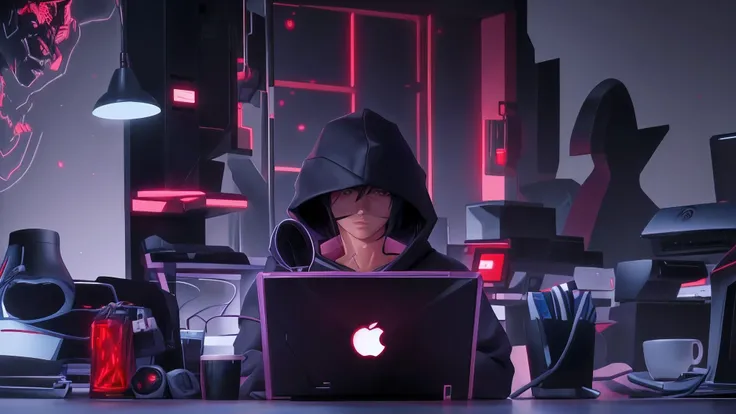 personagem de anime sasuke sentado em uma mesa com um laptop, inspirado em sasuke, cyber noir, estilo anime 4k, tecnologia batid...