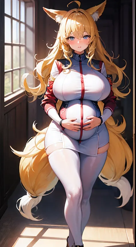 Absolutely beautiful fox charm，perfect slim figure，mature，Yellow hair，Large curls，College uniforms，Sensual and alluring，Nice face，Full body like，Stand pose，4k画质，Big shots，Feminine expression，Blush shyness，The bust is ridiculously large，Pregnant women with，...