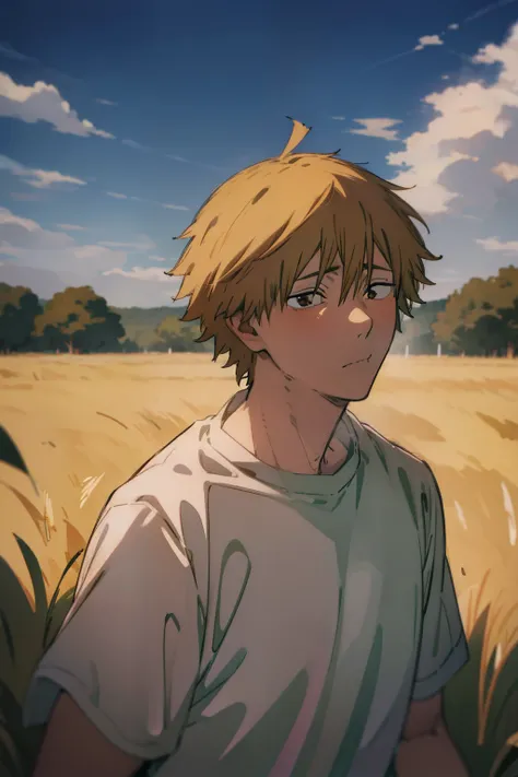 denji in a field with an expression of sadness