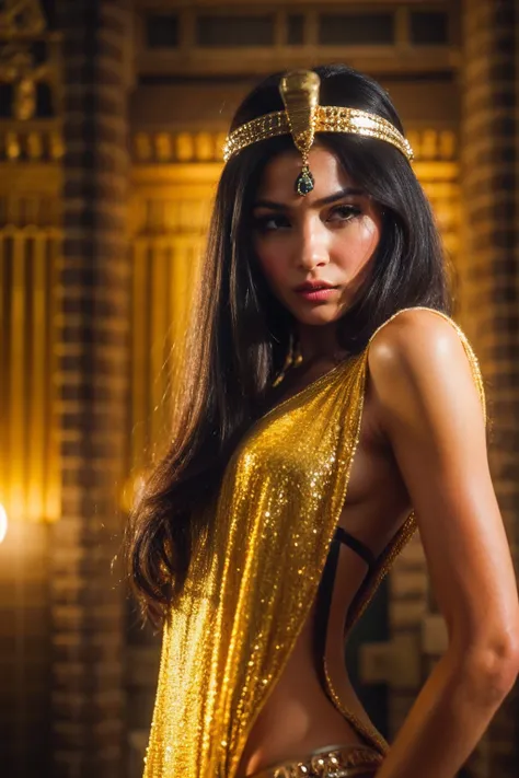 Cleopatra with harmonic portability, Beautiful and seductive face, Long flowing and shiny black hair, Charming woman, mysterious, Seductive, Sarcastic eyes, Wear attractive yellow clothes. She was in ancient Egypt, Lights in the background. High facial det...