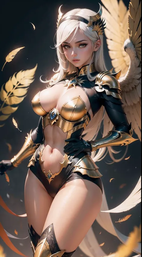 (master part), em ouro completo Knight armadura, Qualidade Superior, olhos expressivos, rosto perfeito, pele vermelha, Feathers on the legs and arms, Phoenix woman, magia do fogo, Palm Fireball Spell, 8k_papel de parede, olhos altamente detalhados,  corpo ...