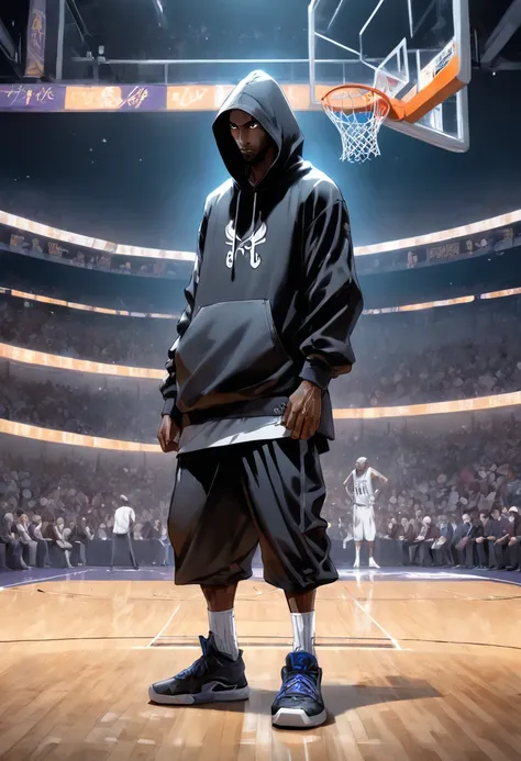 Luis Royo cup head art style, graffiti, full body illustration Kobe Bryant in silhouette, wearing a hoodie hip hop clothing, gangster pose, basketball in hand, minimalistic, rtx, UHD, cell shading, 32k, ray tracing, well defined, comic, digital painting, c...