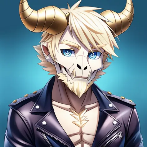 a furry skeleton goat hybrid, wearing a leather jacket, short blonde hair, large horns, blue eyes, little blonde beard