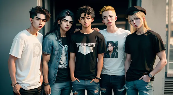 photo of 5 male teenagers standing next to each other. the first teenager has white skin, has blond hair, wears glasses, has white skin, has light eyes and is 1.80 tall. wears a white shirt, wears dark jeans and wears white sneakers. the second teenager ha...