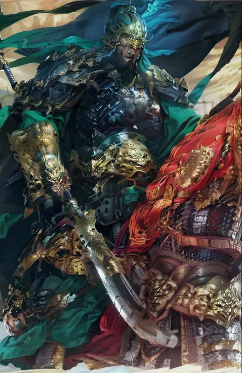 Draw a general of the Three Kingdoms riding a horse，Wearing a green robe，Wearing gold armor, Guan yu, (4K, Best picture quality, A high resolution:1.1), (Masterpiece:1.1), mtu, (Chinese male:1.2), Middle Age, Warriors, A detailed eye, lbeard, musculous, St...