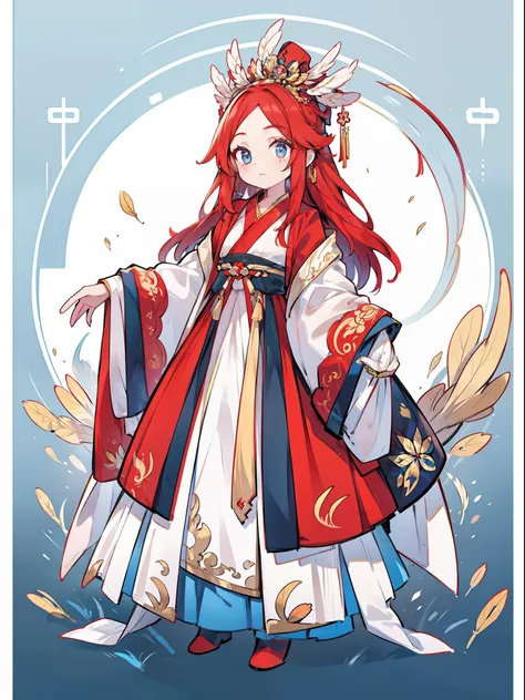 （NOhumans：1.5）， a masterpiece of， ultimate，（Farbe，feather hair），（Ancient Chinese Clothes，Pleated long skirt，cloaks，gossamer，Gold chain，red color Hanfu，Phnom Penh embroidery），gameicon，