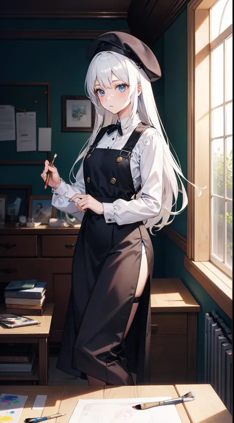 Long white hair，eBlue eyes，black beret，Artis，Drawing board，paint brushes，mitts，White suspenders，inside in room