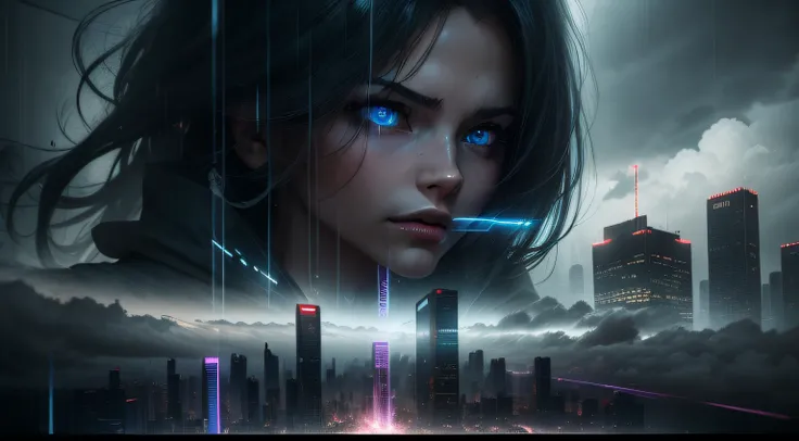 cyberpunk [foggy cityscape in the distance : very pretty girl, city:0.33] immersed in a giant flow of wind, living in a thunder cloud, behind the cloud, (double exposure:1.3), photo by Brandon Woelfelmist, surreal dream, gray atmosphere, rainy day, dynamic...