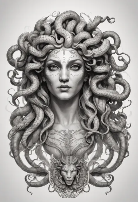 An enchanting and powerful illustration of Medusa, Greek mythology, artwork showcases intricate black line work resembling a tattoo design sketch."