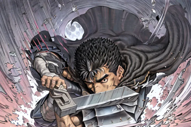 masterpiece, best quality, highly detailed, guts (berserk),  dynamic angle, from above, running fighting stance, attack battle form, floating debris dust stones winds,armor,  one eye closed, scar, bandages, black hair, cape, male focus, manly, holding swor...