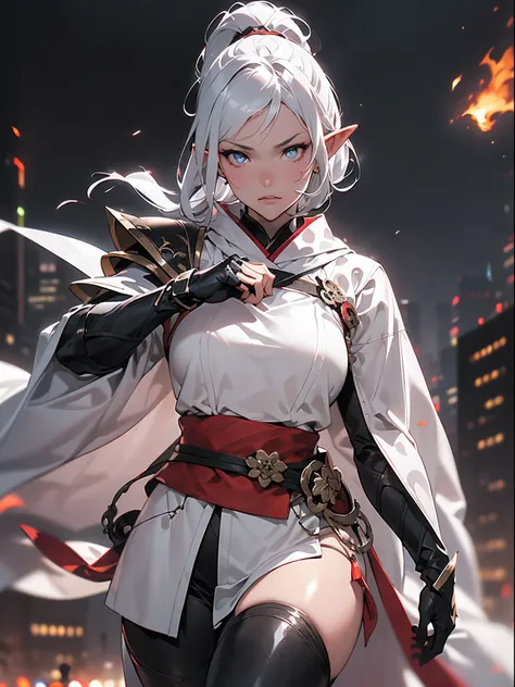 ((jpn)),((Best Quality)),((Beautifully painted)),((hight resolution)),1girl in,(((Beautiful Elven Daughter))),((onmyouji))),(((suikan))),((White cloak with red decoration)),Luminescent bushy silver-haired ponytail,Shining eyes,(((Black gauntlet and gloves)...