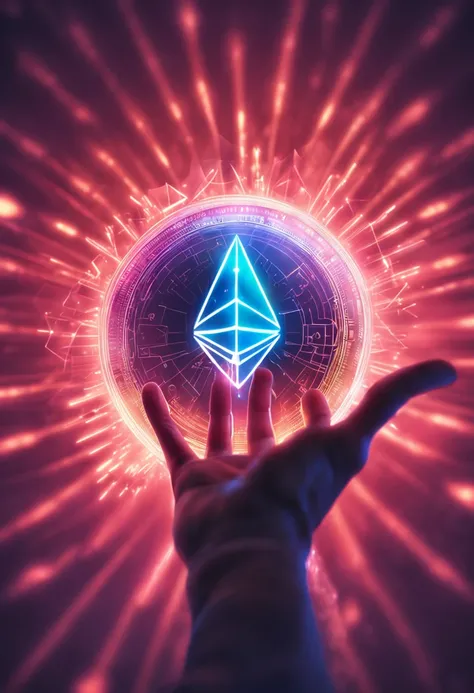 Create an image of the Ethereum cryptocurrency glowing in the palm of your hand with a dark background and light effects highlighting its details