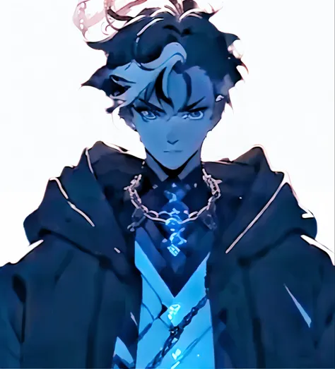 Anime characters with chains and blue shirts around their necks, handsome guy in demon killer art, Key anime art, Tall anime guy with blue eyes, trigger anime artstyle, Ross Tran style, Beautiful androgynous prince, made with anime painter studio, inspirad...