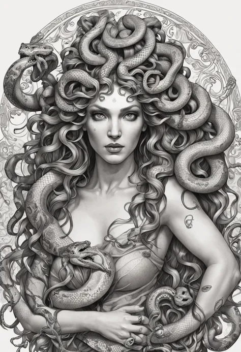 An enchanting and powerful illustration of Medusa, Greek mythology, artwork showcases intricate black line work with fine detailed snake heads, resembling a tattoo design sketch."