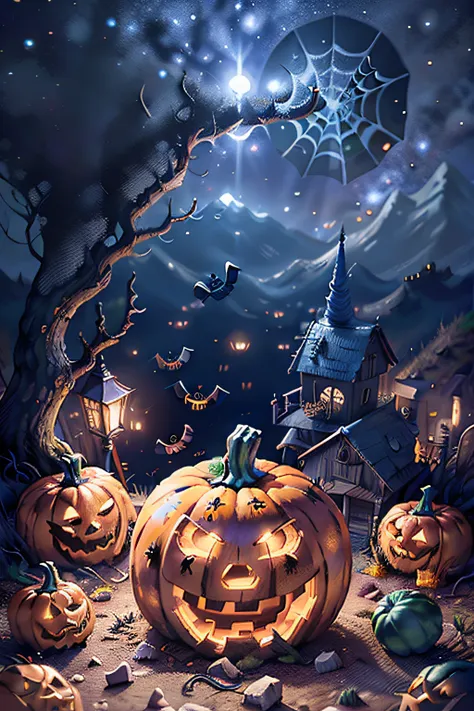 Mini(Ttp), (8k, Foto RAW, best quality, master part:1.2), fundo colorido, fundo limpo, profundidade de campo, Casa de Halloween, Pumpkin, Fantasmas,  mistborn, ,Miniatura, isometric, em Bola de cristal,