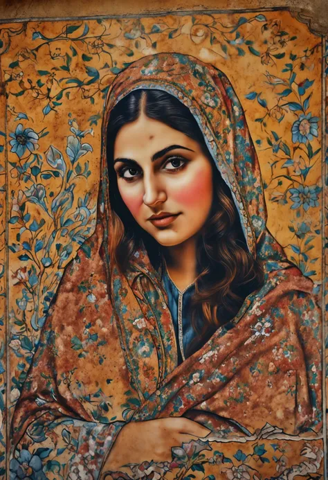 Old Iranian tiling, girl painting on tile, old, Iranian, ceramic, real, very real, close-up, one tile