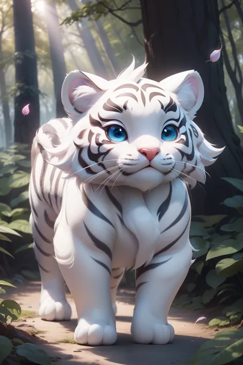 Modern Disney Style、４K, 8K, In the mysterious magical forest，(Cute Baby White Tiger: full body Esbian)､Big, Anime-like eyes､1(illumination: Sunlight shines through the petals)， １bolt､