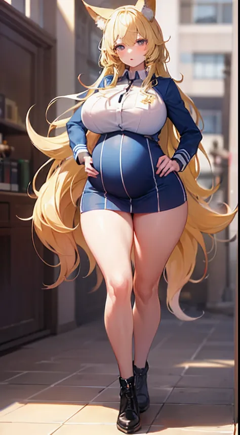 Ultra HD，4K,Absolutely beautiful fox charm，perfect slim figure，mature，Yellow hair，Large curls，College uniforms，Sensual and alluring，Nice face，Full body like，Stand pose，4k画质，Big shots，Feminine expression，Blush shyness，The bust is ridiculously large，Pregnant...