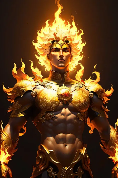 A closeup of a statue of a man with fire in his chest, Deus do Sol, aparece como a deusa do fogo, O Deus Imperador da Humanidade, selk  nam deus do sol, fogo elementar, Um enorme deus gigante celestial, adam warlock, como a deusa do sol, ornate with fiery ...