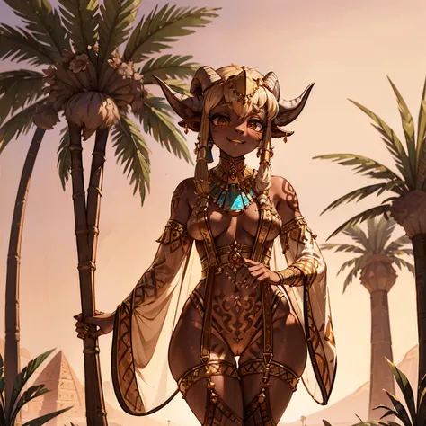 (Masterpiece, high res, detailed), female satyr princess of the forgotten oasis, outdoors, (desert oasis), (satyr), Egyptian, tattoos, tan skin, beautiful face, tall female, solo, environmental, beautiful lighting, womb tattoo, (goat horns, goat legs, hoov...