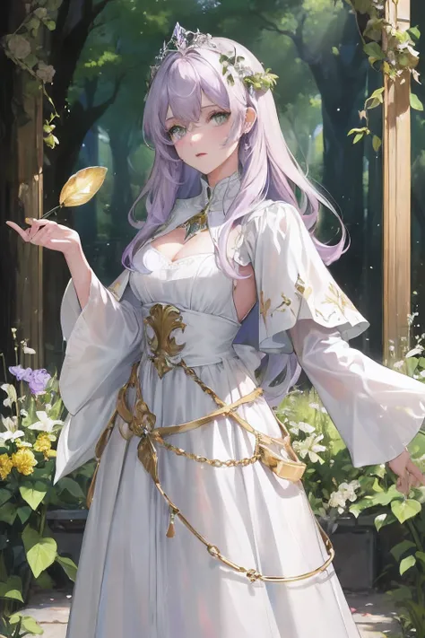 (highest resolution, distinct_image, HDR) best qulaity, ein weibliches Meisterwerk, sehr detailliert, halbrealistisch, (Most of the body), purple white hair, lange Haare, Pony, 23 Jahre alt, jung, schwarz passend, white medieval dress, Schulter frei, (elfe...