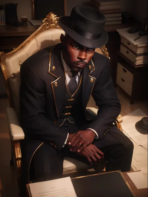 (Black man in hat with overcoat sitting on a chair in an office