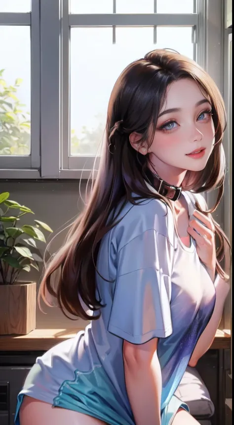 (higher resolution, distinct_image) The best quality, a woman, masterpiece, highly detailed, semi realistic, 21 years old, beautiful, young, handsome, t-shirt, lilac shirt pulled, collar on neck, interior, modern room, window, wake up, morning, blush, smil...