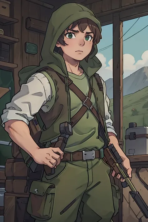 Man, brown hood over shirt, dark green vest, green pants with brown straps, holding tactical crossbow, HD, 4k