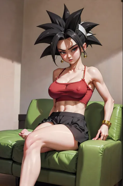 (Masterpiece), (Best quality), 1fille,sitting on a comfortable sofa,crossing legs,Soft Light, Kefla, KeflaSS, Super Saiyan, (grosse poitrine :1.3), crop top, grande robe, muscles, ABS, big boobs