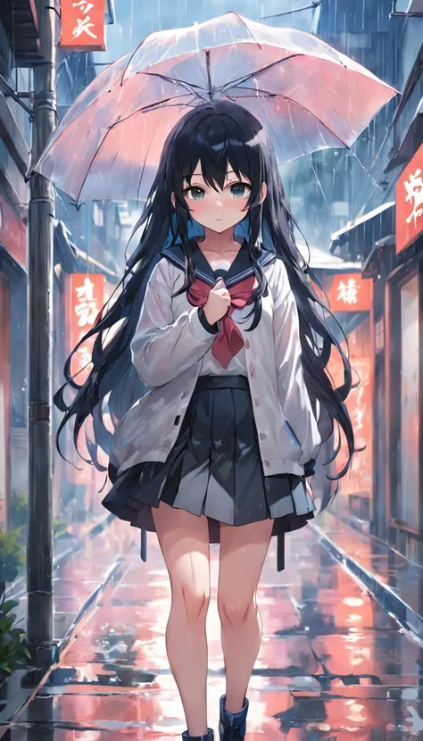 Anime girl with long black hair, beautiful anime artwork, style of anime4 K, anime art wallpaper 4k,rainy day，windows，In the street，rain drops、cute little、Good style、Japanese student uniform、skirt by the