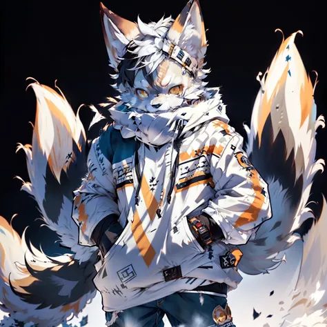 furry，shaggy，White fur，male people，canid，arctic fox，solo person，sharp talons， Detailed fur， Golden eyes，Fluffy tail，Blue sweatshirt，white jean，ultra - detailed：1.0，the city street，detailedbackground