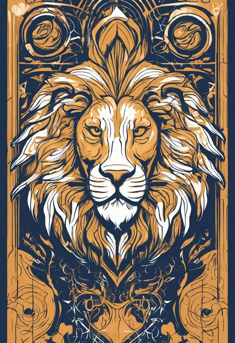 Logotipo minimalista de cara de um leao inspirado no estilo de James Jean. Simple and simple icon representing a lions face with sharp lines and defined contours. Paleta de cores de azul profundo e dourado reluzente. Elegant typography and consistent spaci...