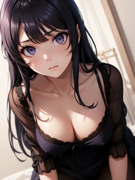 2d, sketch art, one anime woman, sad, black hair, busty, medium breasts, cleavage, POV, close up, black nightgown, (detailed eyes, beautiful eyes), (purple eyes:1.2)