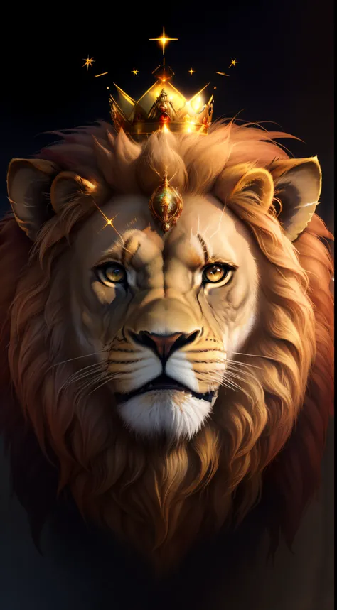 Face of the lion king, imagem ultra realista, on his head is a shining crown