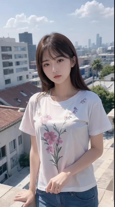 (8K、top-quality、​masterpiece:1.2)、(realisitic、Photorealsitic:1.37)、ultra-detailliert、((Beautuful Women))、((Floral T-shirt))、JINS、looking at the viewers、On the roof of a building、