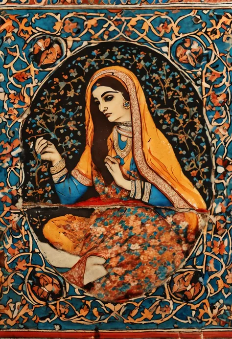 Old Iranian tiling, painting of a girl on a tile, old, Iranian, ceramic, real, very real, close-up, a tile, carpet painting, Iranian calligraphy, Iranian, beautiful, miniature, painting